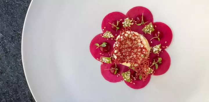 Goat Cheese Mousse, Pickled Beets, Beet Gel, Puffed Amaranth, Celery and Beet Coral