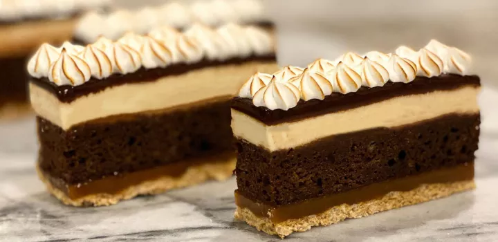 Bourbon mousse and caramel s'mores cake