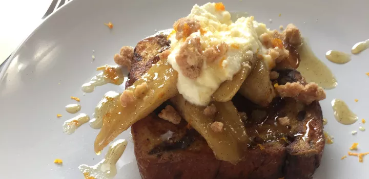 Chef Penny's babka French toast with maple-soaked bananas.
