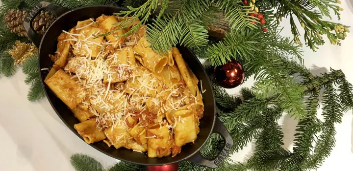 Phil's paccheri all’Amatriciana is served at a holiday table.