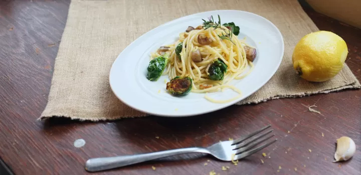 Spaghetti with eggplant and brussels sprouts, styled by ICE students