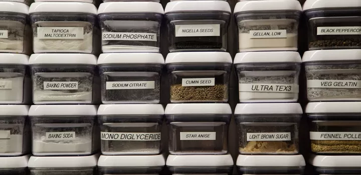 Spices and powders are stored in containers in ICE's stewarding department.