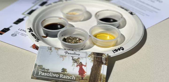 Small plastic tasting cups with herbs and olive oil sit on a plate behind a Pasolivo brochure